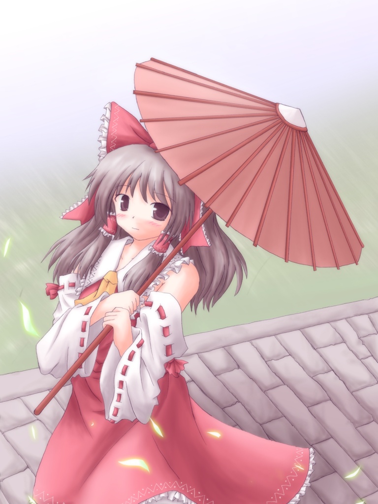 lzh, hakurei reimu, touhou, 1girl, female focus, hair tubes, oil-paper umbrella, parasol, solo, umbrella