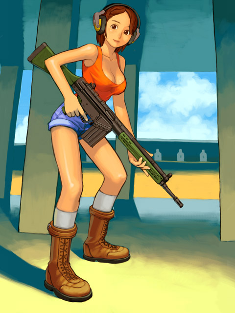 1girl, assault rifle, battle rifle, boots, breasts, brown eyes, brown hair, female focus, gun, h&k g3, large breasts, rifle, short hair, shorts, socks, solo, tank top, weapon