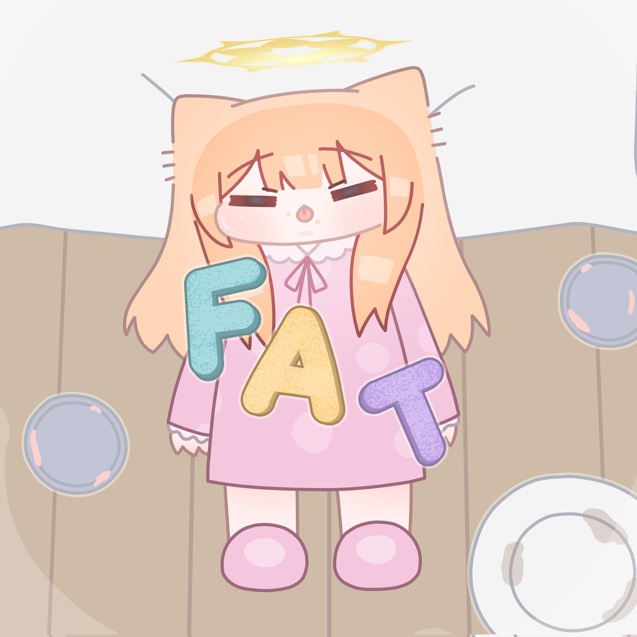 horuhara, mari (blue archive), blue archive, commentary, english commentary, highres, photo-referenced, 1girl, animal ears, blunt bangs, chibi, closed eyes, english text, halo, long hair, long sleeves, neck ribbon, no nose, orange hair, pajamas, pink pajamas, pink slippers, plate, polka dot, polka dot pajamas, ribbon, sleeves past wrists, slippers, solo, tongue, tongue out, wooden floor, yellow halo