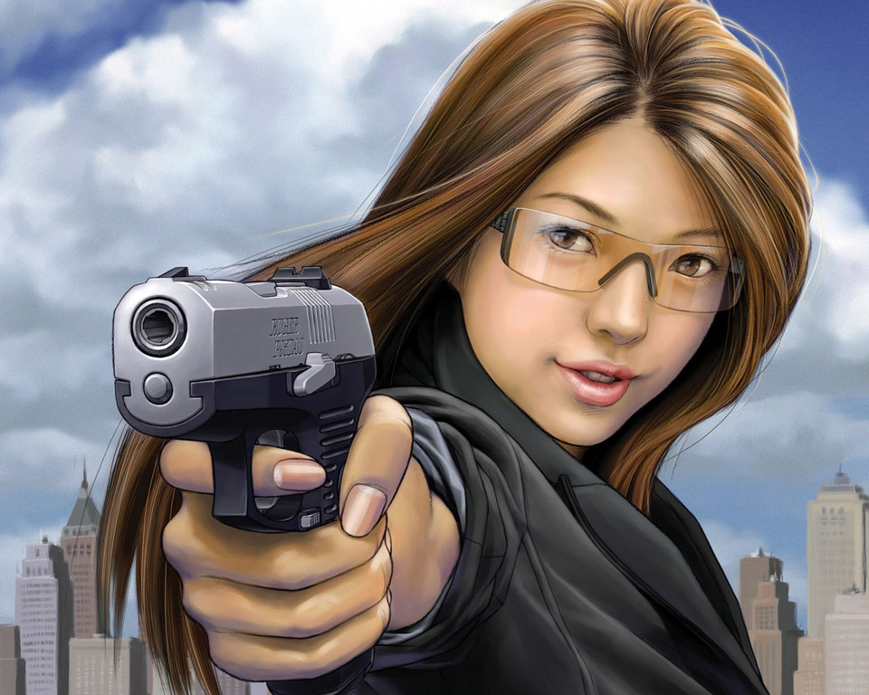 artist request, source request, brown eyes, brown hair, cloud, glasses, gun, handgun, long hair, pistol, realistic, sky, smile, solo, weapon