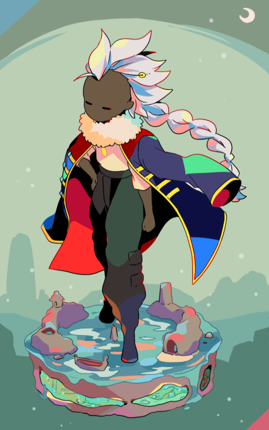 mizuki tsukimori, sky child, sky: children of the light, highres, 1girl, arm at side, black pants, braid, closed eyes, dark-skinned female, dark skin, expressionless, floating island, full body, jacket, jacket on shoulders, long hair, long sleeves, mohawk, pants, shirt, solo, standing, water, white shirt
