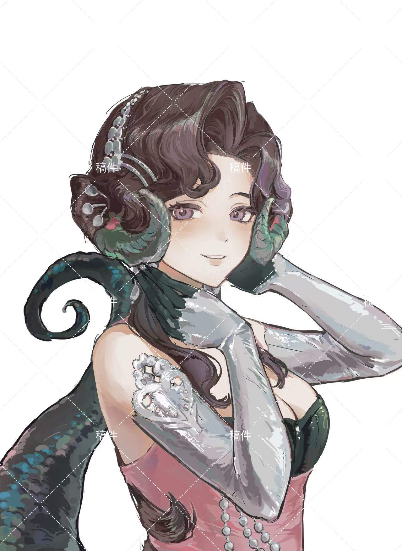 anjo nala, reverse:1999, highres, 1girl, bare shoulders, black hair, breasts, cleavage, curled horns, dress, elbow gloves, gloves, green tail, grey gloves, grey hairband, grey horns, grin, hairband, hands up, horns, lizard tail, long hair, looking at viewer, low horns, pink dress, purple eyes, sleeveless, sleeveless dress, smile, solo, tail, upper body, wap (3661823597), watermark, watermark grid, white background