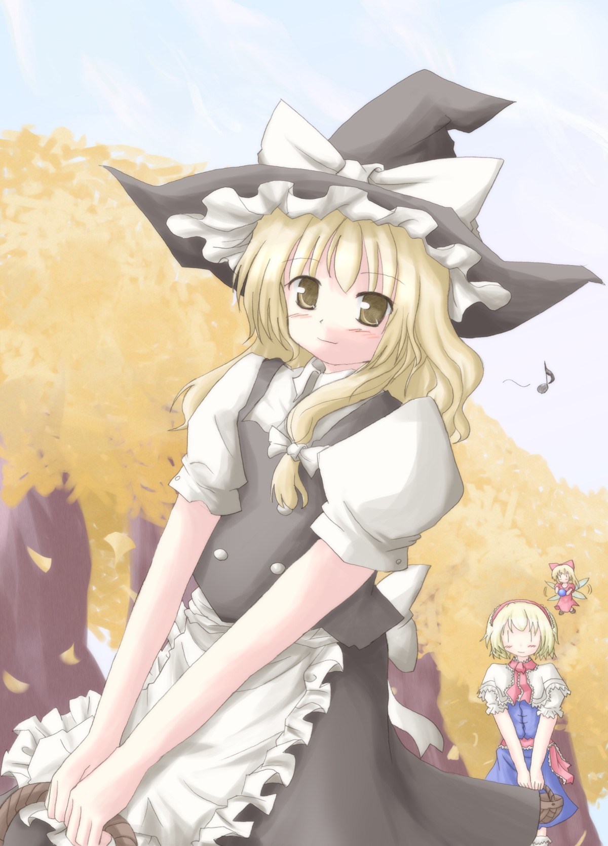 lzh, alice margatroid, kirisame marisa, shanghai doll, touhou, highres, 3girls, female focus, forest, hat, multiple girls, nature, outdoors, plant, skirt, sky