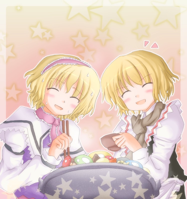 lzh, alice margatroid, medicine melancholy, touhou, 2girls, cooking, female focus, multiple girls, mushroom, simple background, sweat