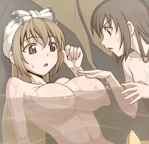 caryo, nanashino, minami chiaki, minami haruka, minami kana, minami-ke, 00s, 3girls, ahoge, bath, breast envy, breasts, floating breasts, groping, huge breasts, looking at breasts, multiple girls, nipples, onsen, siblings, sisters, sweat, towel, towel on head, triangle mouth, upper body, water, yuri