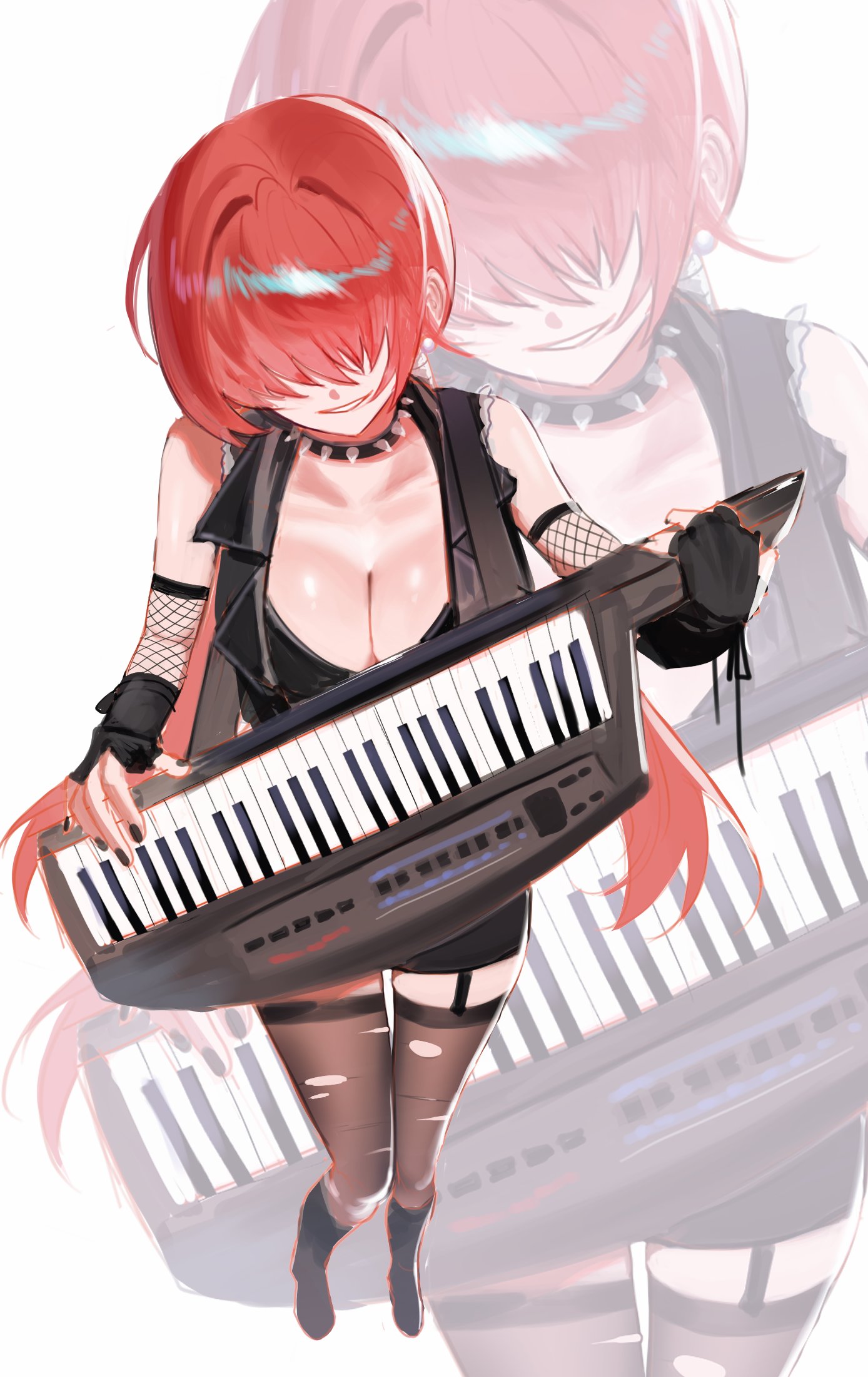 dan koflove, shermie (kof), the king of fighters, 1girl, boots, breasts, cleavage, curvy, earrings, female focus, fishnets, gloves, holding, huge breasts, instrument, jacket, jewelry, large breasts, leather, long hair, pale skin, pantyhose, piano, piano keys, ponytail, red hair, see-through clothes, skirt, smile, smiley face, standing, thighs, torn clothes, twintails, wide hips