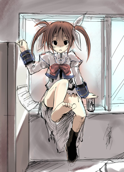boshinote, takamachi nanoha, takamachi nanoha (sacred mode), lyrical nanoha, mahou shoujo lyrical nanoha, 00s, barefoot, feet, sketch, solo