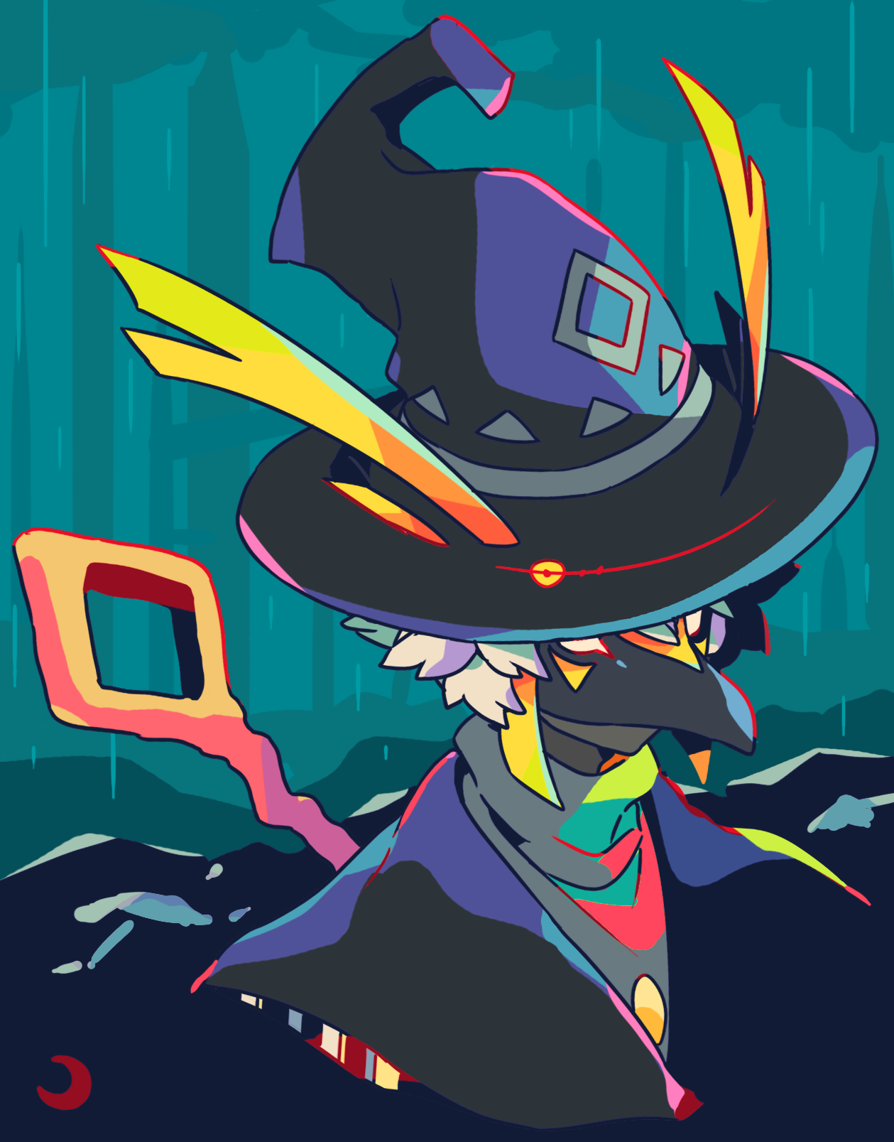 mizuki tsukimori, sky: children of the light, character request, commentary request, highres, 1girl, black cape, black hat, cape, cropped torso, grey shirt, hat, mask, rain, shirt, short hair, solo, staff, white hair, wizard hat