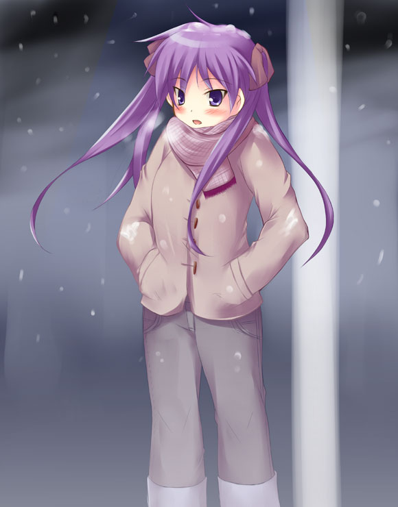tekehiro, hiiragi kagami, lucky star, 00s, coat, scarf, snow, solo, twintails