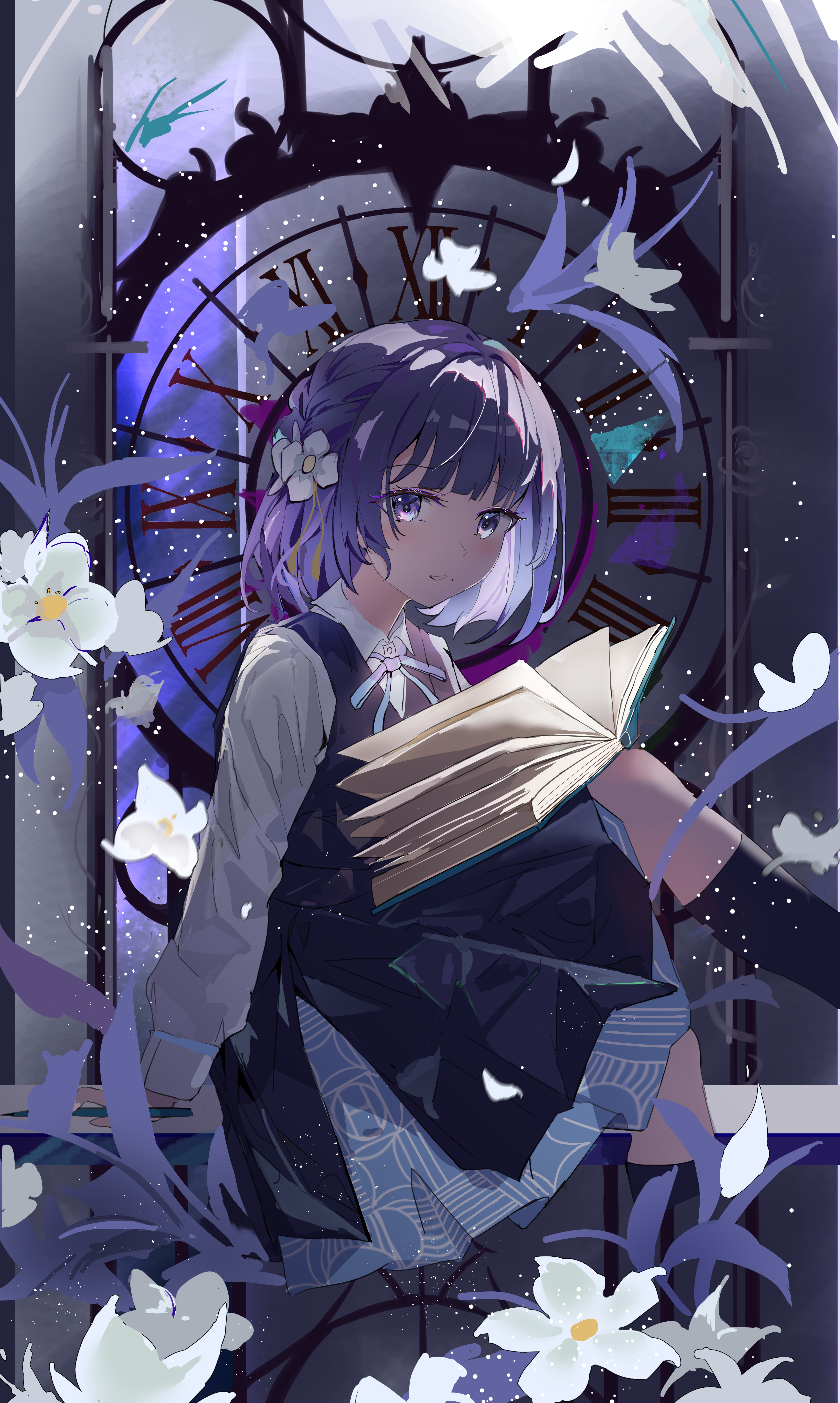 kei on, hataya misuzu, gakuen idolmaster, idolmaster, absurdres, commentary, highres, 1girl, black socks, blue ribbon, blue skirt, blue vest, blush, book, clock, collared shirt, flower, hair flower, hair ornament, hatsuboshi gakuen school uniform, holding, holding book, long sleeves, looking at viewer, mole, mole under mouth, neck ribbon, open book, petals, purple eyes, purple hair, ribbon, roman numeral, school uniform, shirt, short hair, sitting, skirt, socks, solo, vest, white flower, white shirt
