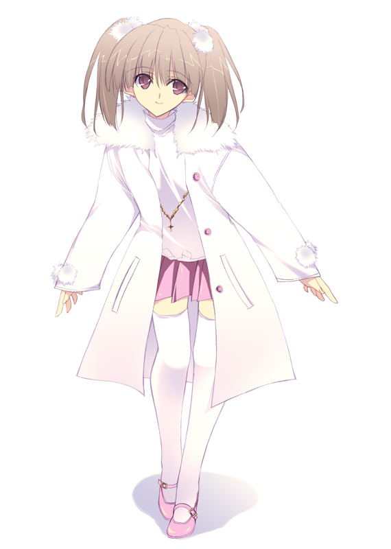 kobayashi chisato, original, 1girl, arms at sides, brown eyes, brown hair, coat, female focus, full body, gem, hair ribbon, jacket, jewelry, looking at viewer, mary janes, necklace, pendant, pink shoes, pink skirt, pleated skirt, ribbon, shoes, short hair, simple background, skirt, solo, standing, thighhighs, turtleneck, white background, white thighhighs