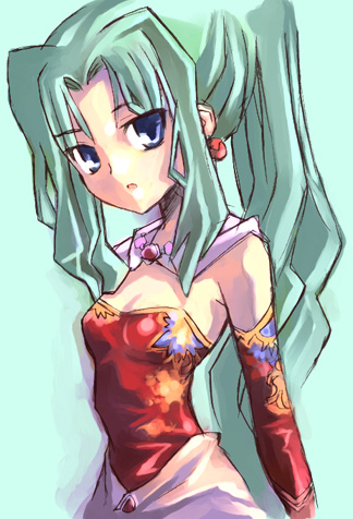 kouno hikaru, tina branford, final fantasy, final fantasy vi, lowres, 1990s (style), 1girl, blue eyes, earrings, female focus, green hair, jewelry, long hair, pendant, ponytail, retro artstyle, solo