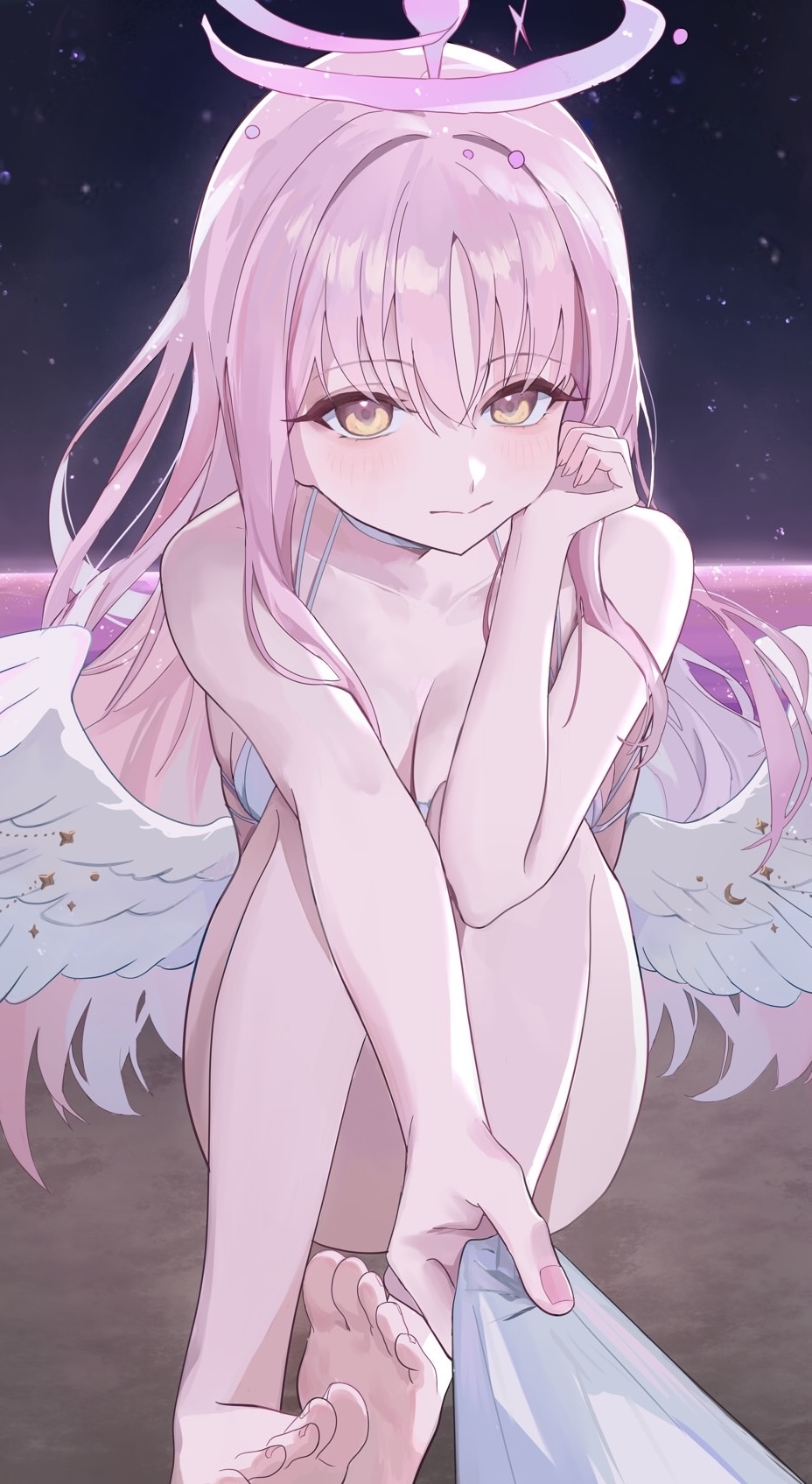 yuni 366, mika (blue archive), mika (swimsuit) (blue archive), blue archive, commentary, highres, 1girl, angel wings, bare arms, bare shoulders, bikini, breasts, cleavage, closed mouth, collarbone, feathered wings, hair between eyes, long hair, looking at viewer, low wings, medium breasts, official alternate costume, official alternate hairstyle, pink hair, pink nails, pulling another's clothes, solo, swimsuit, very long hair, white bikini, white wings, wing ornament, wings, yellow eyes