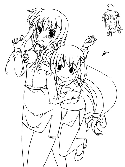 frapowa, book of the azure sky, fate testarossa, reinforce zwei, yagami hayate, lyrical nanoha, mahou shoujo lyrical nanoha, mahou shoujo lyrical nanoha strikers, 00s, 3girls, :o, :q, ahoge, belt, blush, buttons, chibi, dress, greyscale, hug, hug from behind, long sleeves, military, military uniform, mini person, minigirl, monochrome, multiple girls, parted lips, pencil skirt, side slit, size difference, skirt, tongue, tongue out, yuri