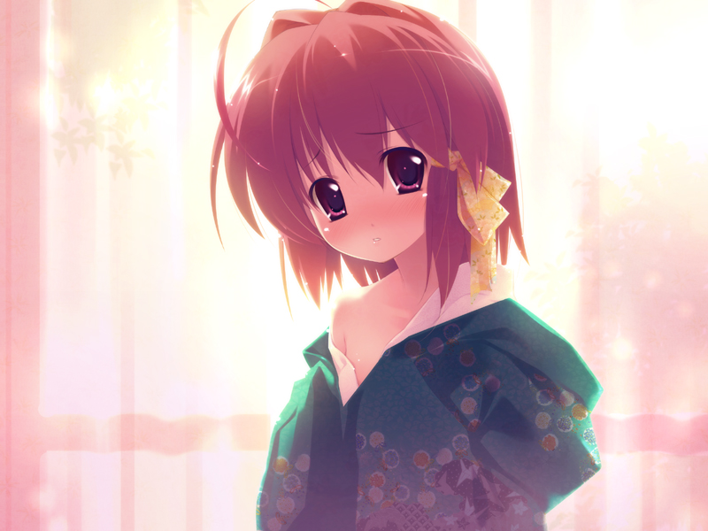 chinchickrin, shiiha izumi, colorful aquarium, 1girl, ahoge, bare shoulders, blush, curtains, female focus, flat chest, hair ribbon, indoors, japanese clothes, kimono, off shoulder, pink eyes, pink hair, ribbon, short hair, solo, window