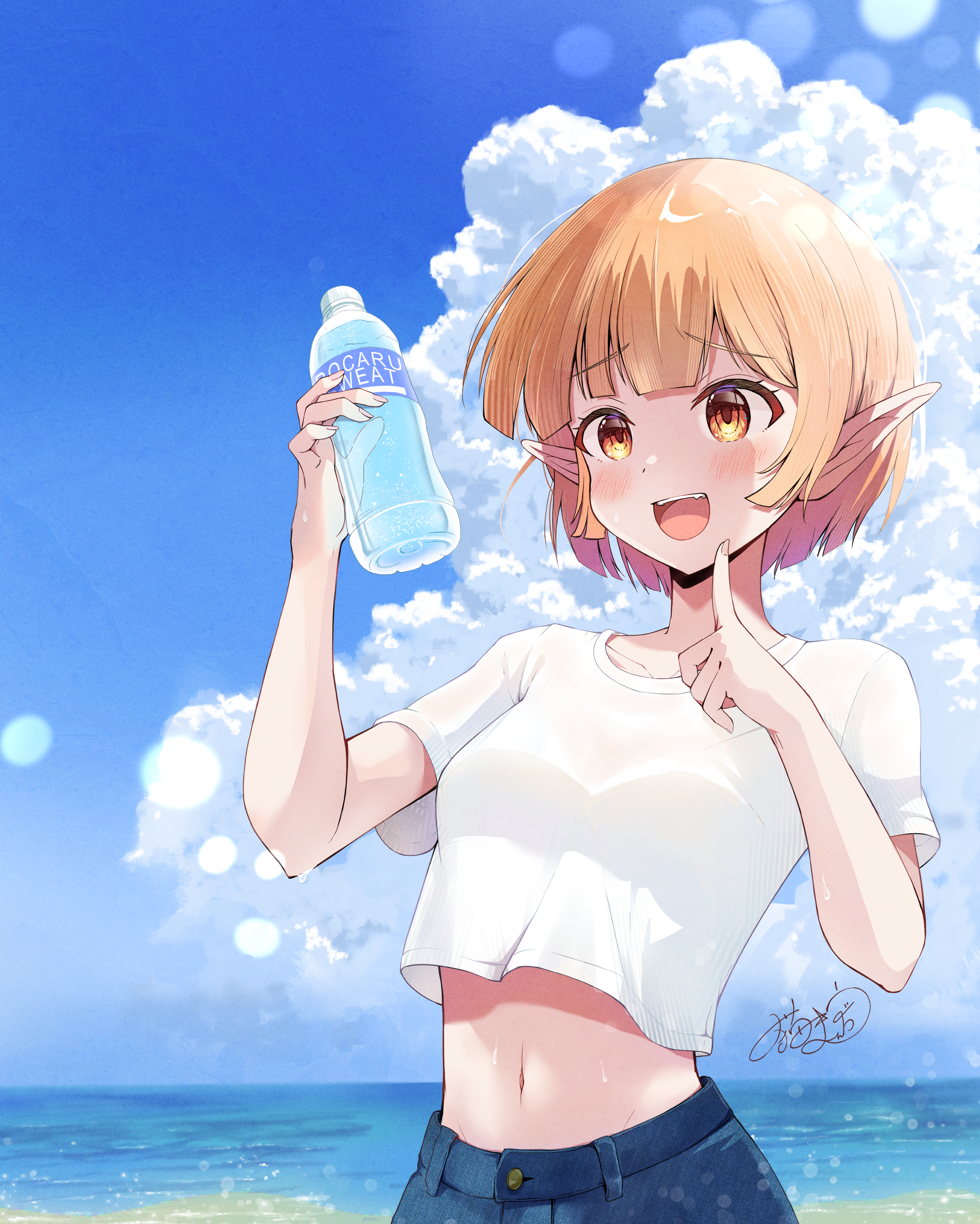 illustrator thunderbird, original, absurdres, commentary request, highres, 1girl, beach, blonde hair, blue sky, blunt sidelocks, blush, bob cut, bottle, breasts, cloud, cloudy sky, collarbone, crop top, cropped shirt, day, denim, elf, finger to mouth, fingerless gloves, gloves, hands up, holding, holding bottle, horizon, index finger raised, midriff, navel, ocean, open mouth, orange eyes, outdoors, pointy ears, raised inner eyebrows, shirt, short hair, short sleeves, sidelocks, signature, sky, smile, solo, sweat, t-shirt, water bottle, white shirt