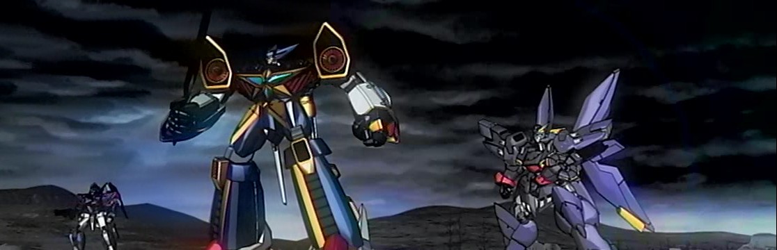 grungust ichishiki, r-1, wildschwein, banpresto, super robot wars, super robot wars divine wars, anime screenshot, armor, cloud, cloudy sky, dark, desert, full body, grungust, machinery, mecha, mountain, no humans, outdoors, robot, sky