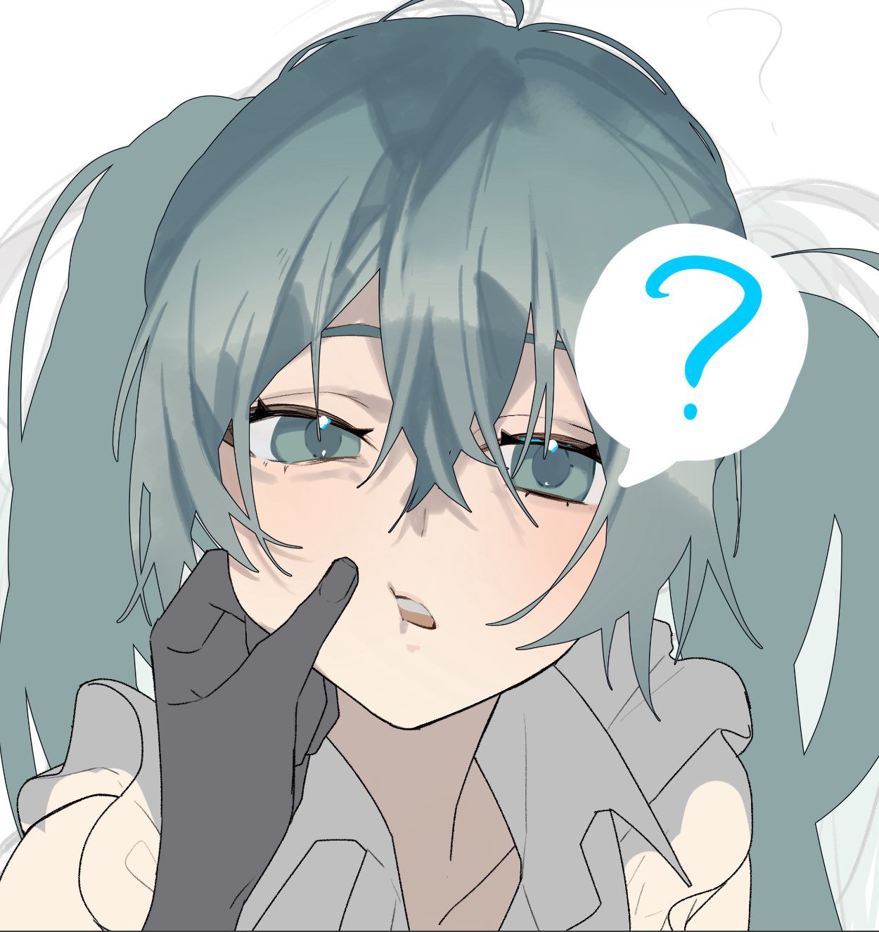 un known9999, hatsune miku, vocaloid, highres, 1boy, 1girl, ?, ahoge, alternate costume, aqua eyes, aqua hair, frilled shirt, frills, half-closed eyes, long hair, looking at viewer, open mouth, pov, shirt, sleeveless, sleeveless shirt, solo focus, spoken question mark, teeth, twintails, upper teeth only, white background