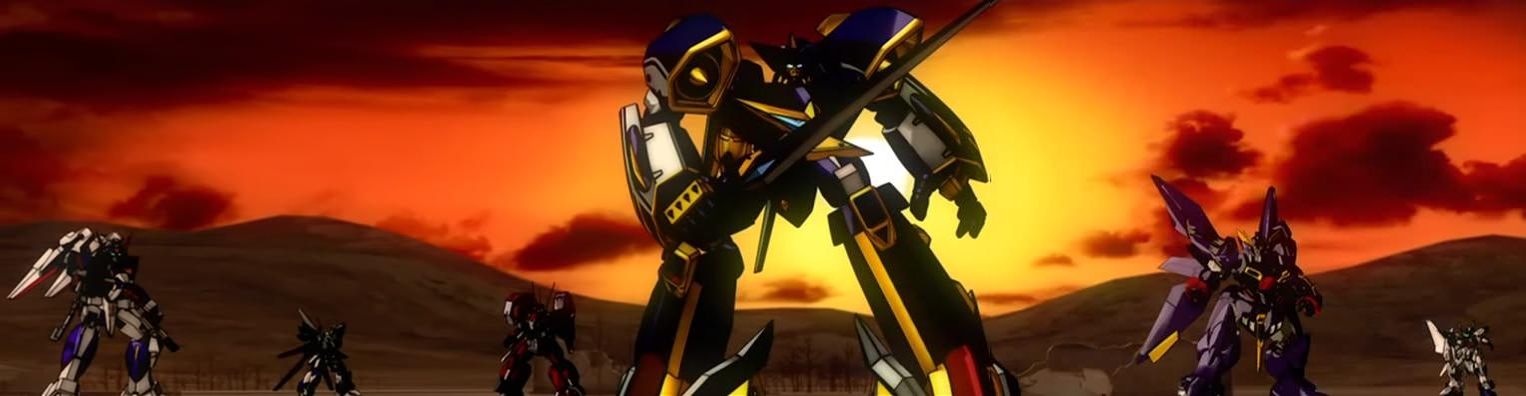 alteisen, grungust ichishiki, r-1, weissritter, wildraubtier, wildschwein, banpresto, super robot wars, super robot wars divine wars, anime screenshot, long image, wide image, alt eisen, grungust, mecha, mountain, no humans, robot, sunrise, sword, weapon