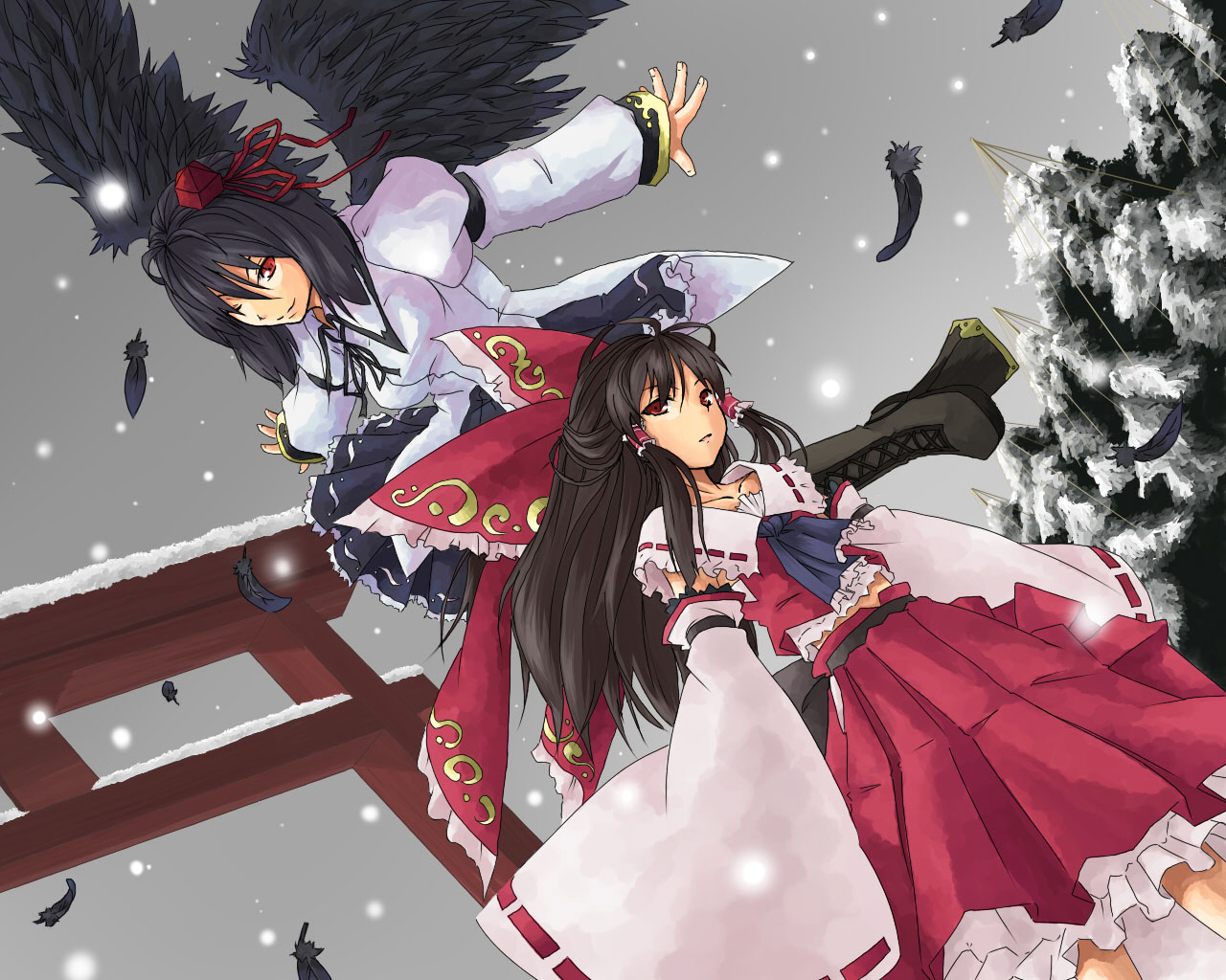 kinsenka, hakurei reimu, shameimaru aya, perfect cherry blossom, touhou, 2girls, aprilrain, black hair, black wings, boots, bow, brown hair, detached sleeves, dutch angle, embellished costume, feathers, female focus, frills, gathers, geta, hat, lace-up boots, large bow, long hair, multiple girls, one eye closed, outstretched arms, red eyes, short hair, snow, snowing, spread arms, tengu-geta, tokin hat, torii, wide sleeves, wings