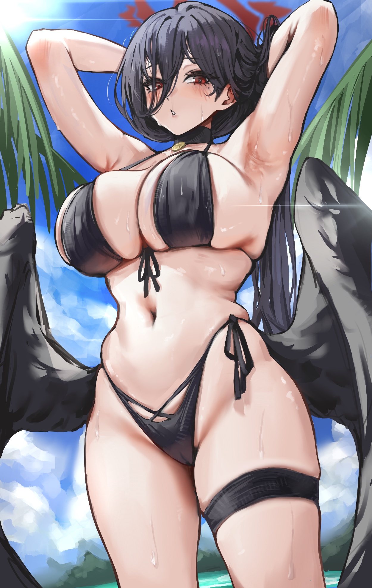 armeria, hasumi (blue archive), hasumi (swimsuit) (blue archive), blue archive, commentary, highres, 1girl, armpits, arms behind head, arms up, bikini, black bikini, black choker, black hair, black wings, blush, breasts, choker, hair between eyes, halo, highleg, highleg bikini, huge breasts, long hair between eyes, looking at viewer, mole, mole under eye, navel, official alternate costume, outdoors, palm tree, presenting armpit, red eyes, side-tie bikini bottom, skindentation, solo, stomach, string bikini, sunlight, sweat, swimsuit, thigh strap, tree, wings