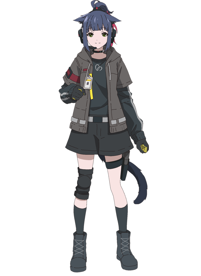 takafuji aya, jessica (arknights), arknights, official art, 1girl, animal ears, anime coloring, belt, black belt, black boots, black collar, black gloves, black shirt, black shorts, black socks, blunt bangs, boots, breasts, brown hood, brown jacket, cat ears, cat girl, cat tail, clenched hands, closed mouth, collar, full body, gloves, green eyes, hand up, headphones, headset, hood, hood down, hooded jacket, id card, jacket, knee guards, layered sleeves, long hair, long sleeves, looking at viewer, ponytail, shirt, short over long sleeves, short sleeves, shorts, sidelocks, simple background, small breasts, smile, socks, solo, standing, tachi-e, tail, thigh belt, thigh strap, transparent background