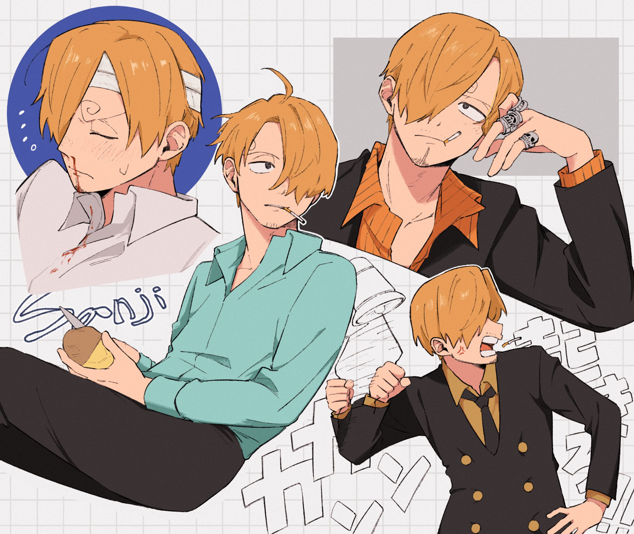 iqracha, sanji (one piece), one piece, commentary request, highres, 1boy, anger vein, black jacket, black necktie, blonde hair, blood, blue shirt, character name, cigarette, curly eyebrows, facial hair, goatee, jacket, jewelry, long sleeves, male focus, multiple rings, multiple views, necktie, nosebleed, open mouth, orange shirt, ring, shirt, short hair