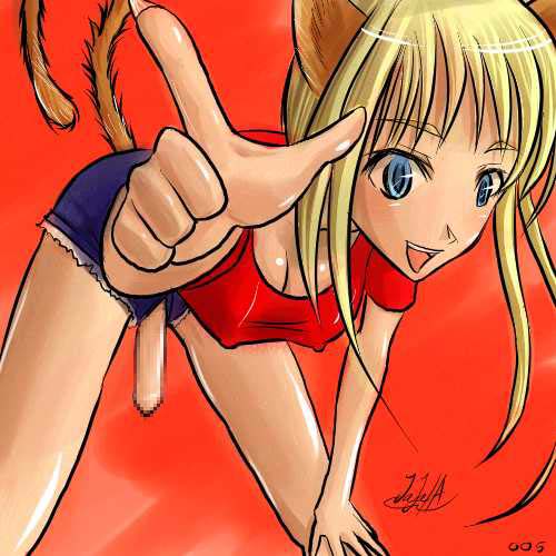 lowres, 1futa, animal ears, bent over, blonde hair, blue eyes, breasts, bursting out, cat ears, cat tail, censored, cleavage, covered erect nipples, denim, denim shorts, flaccid, foreshortening, futanari, long hair, looking at viewer, mosaic censoring, open mouth, penis, red shirt, shirt, short shorts, short sleeves, shorts, smile, solo, spread legs, t-shirt, tail