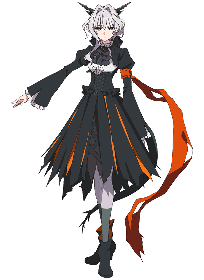 takafuji aya, talulah (arknights), arknights, official art, 1girl, anime coloring, armband, ascot, black boots, black corset, black dress, black horns, bob cut, boots, breasts, collared dress, corset, dragon girl, dragon horns, dragon tail, dress, full body, grey ascot, grey hair, hair between eyes, hair intakes, horns, juliet sleeves, large breasts, long sleeves, looking at viewer, outstretched arms, puffy long sleeves, puffy sleeves, red eyes, short hair, simple background, single sidelock, skirt, solo, standing, tachi-e, tail, torn clothes, torn dress, torn skirt, torn sleeves, transparent background, v-shaped eyebrows, wide sleeves