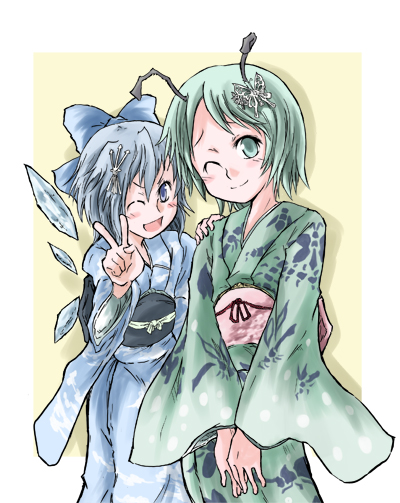 suichuu hanabi, cirno, wriggle nightbug, touhou, 2girls, antennae, blue eyes, blue hair, blush, bow, female focus, fusuma, green eyes, green hair, hair bow, ice, japanese clothes, multiple girls, one eye closed, sliding doors, v, wings