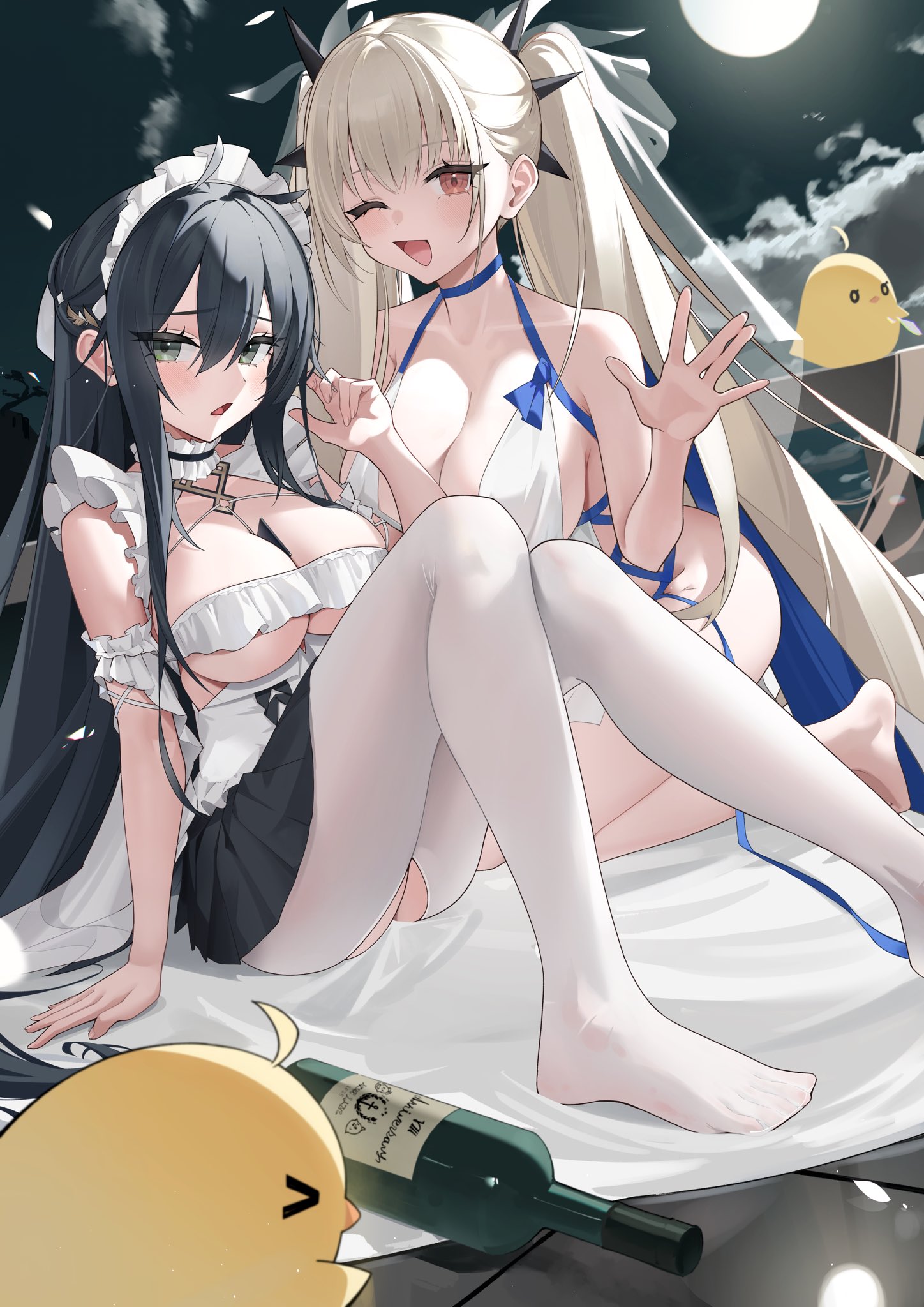 shian-chu, formidable (anniversary memories) (azur lane), formidable (azur lane), indomitable (azur lane), indomitable (ms. motivationless maid) (azur lane), manjuu (azur lane), azur lane, highres, 2girls, bare shoulders, barefoot, black hair, bottle, breasts, cleavage, cloud, grey hair, hair between eyes, kneeling, large breasts, long hair, looking at viewer, maid, maid headdress, moon, multiple girls, night, night sky, no shoes, official alternate costume, one eye closed, open mouth, pantyhose, sitting, sky, smile, twintails, very long hair, white pantyhose