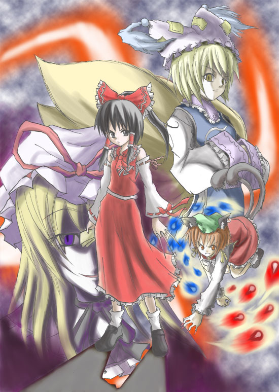 suichuu hanabi, chen, hakurei reimu, yakumo ran, yakumo yukari, touhou, 4girls, animal ears, animal hat, black hair, blonde hair, brown eyes, brown hair, cat ears, cat girl, cat tail, detached sleeves, earrings, female focus, fox tail, fusuma, hair ribbon, hands in opposite sleeves, hat, hat ribbon, japanese clothes, jewelry, long sleeves, miko, mob cap, multiple girls, multiple tails, purple eyes, ribbon, shoes, short hair, sliding doors, socks, tabard, tail, tassel, wide sleeves, yellow eyes