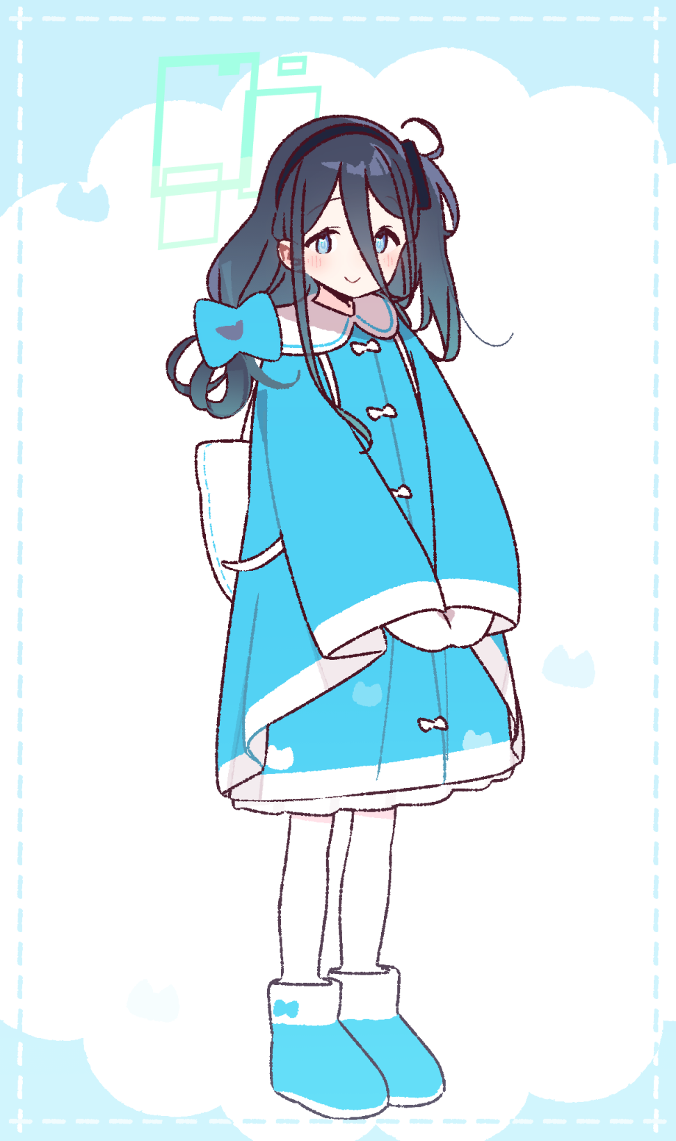 yoru nai, aris (blue archive), blue archive, commentary request, highres, 1girl, black hair, blue boots, blue bow, blue coat, blue eyes, blush, boots, bow, closed mouth, coat, double-parted bangs, full body, hair between eyes, hair bow, long hair, long hair between eyes, long sleeves, looking at viewer, mittens, pantyhose, smile, solo, standing, white background, white mittens, white pantyhose