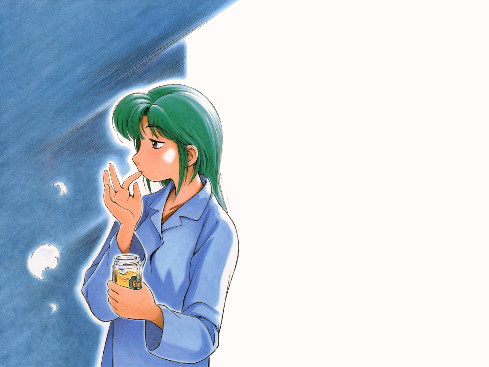 ashinano hitoshi, hatsuseno alpha, yokohama kaidashi kikou, highres, 1girl, female focus, from side, green hair, half-closed eyes, honey, outline, pajamas, purple eyes, solo, white outline