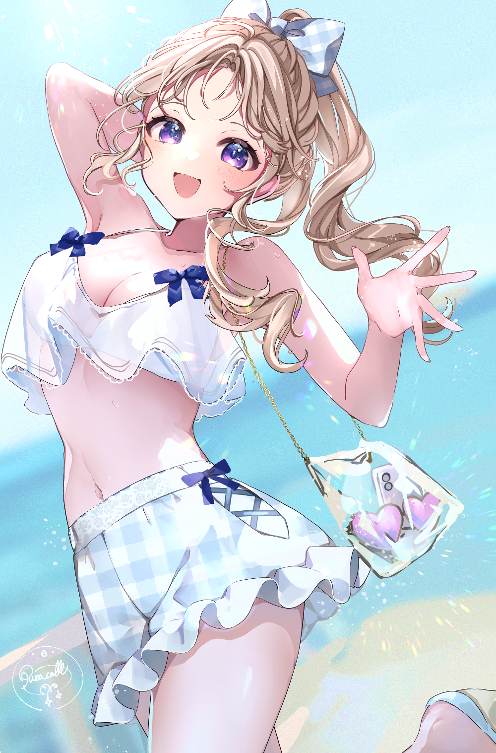 puracotte, original, commentary request, highres, 1girl, arm up, armpit peek, artist name, bag, bikini, blonde hair, blue bow, blush, bow, breasts, cleavage, cowboy shot, cropped shirt, cross-laced clothes, cross-laced skirt, forehead, hair bow, hand up, large breasts, miniskirt, navel, open mouth, plaid bow, plaid clothes, plaid skirt, ponytail, purple eyes, see-through clothes, see-through shirt, shirt, shoulder bag, signature, skirt, sleeveless, sleeveless shirt, smile, solo, stomach, swimsuit, walking, wavy hair, white bikini, white shirt