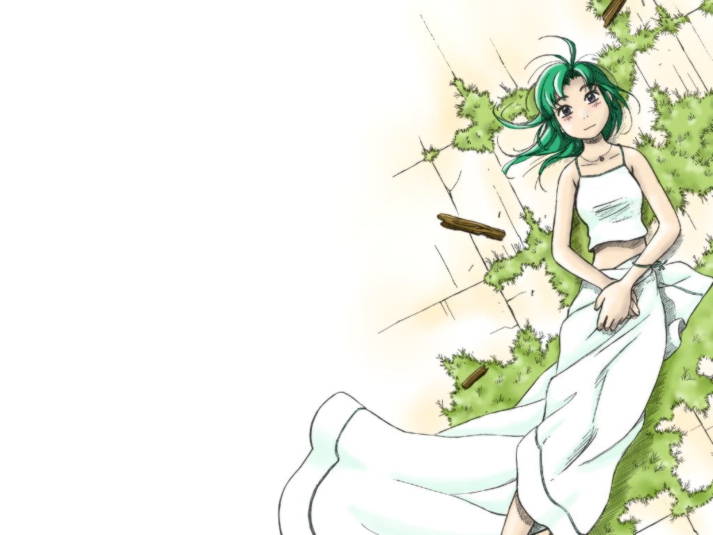 ashinano hitoshi, hatsuseno alpha, yokohama kaidashi kikou, 1girl, female focus, green hair, hair spread out, jewelry, lying, necklace, outdoors, own hands together, purple eyes, solo