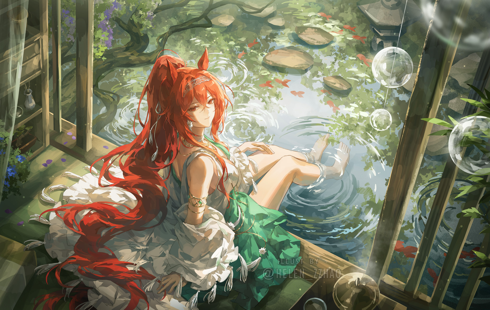 helen zzhao, narantuya (arknights), arknights, highres, 1girl, animal ears, bare legs, bare shoulders, barefoot, breasts, cleavage, closed mouth, crossed bangs, green skirt, hair between eyes, hairband, horse ears, horse girl, horse tail, jacket, large breasts, long hair, looking at viewer, ponytail, red eyes, red hair, sidelocks, skirt, smile, soaking feet, solo, tail, tank top, very long hair, white jacket, white tank top