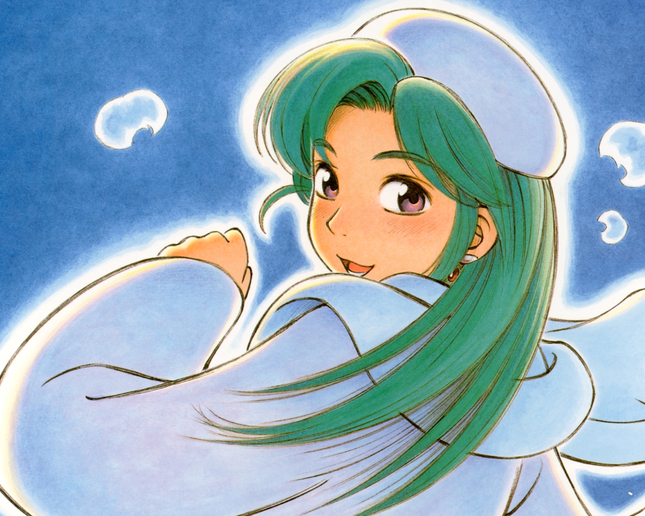 ashinano hitoshi, hatsuseno alpha, yokohama kaidashi kikou, 1girl, blue background, blush, breath, coat, female focus, glowing, green hair, hat, parted bangs, purple eyes, simple background, smile, solo, white hat, white theme