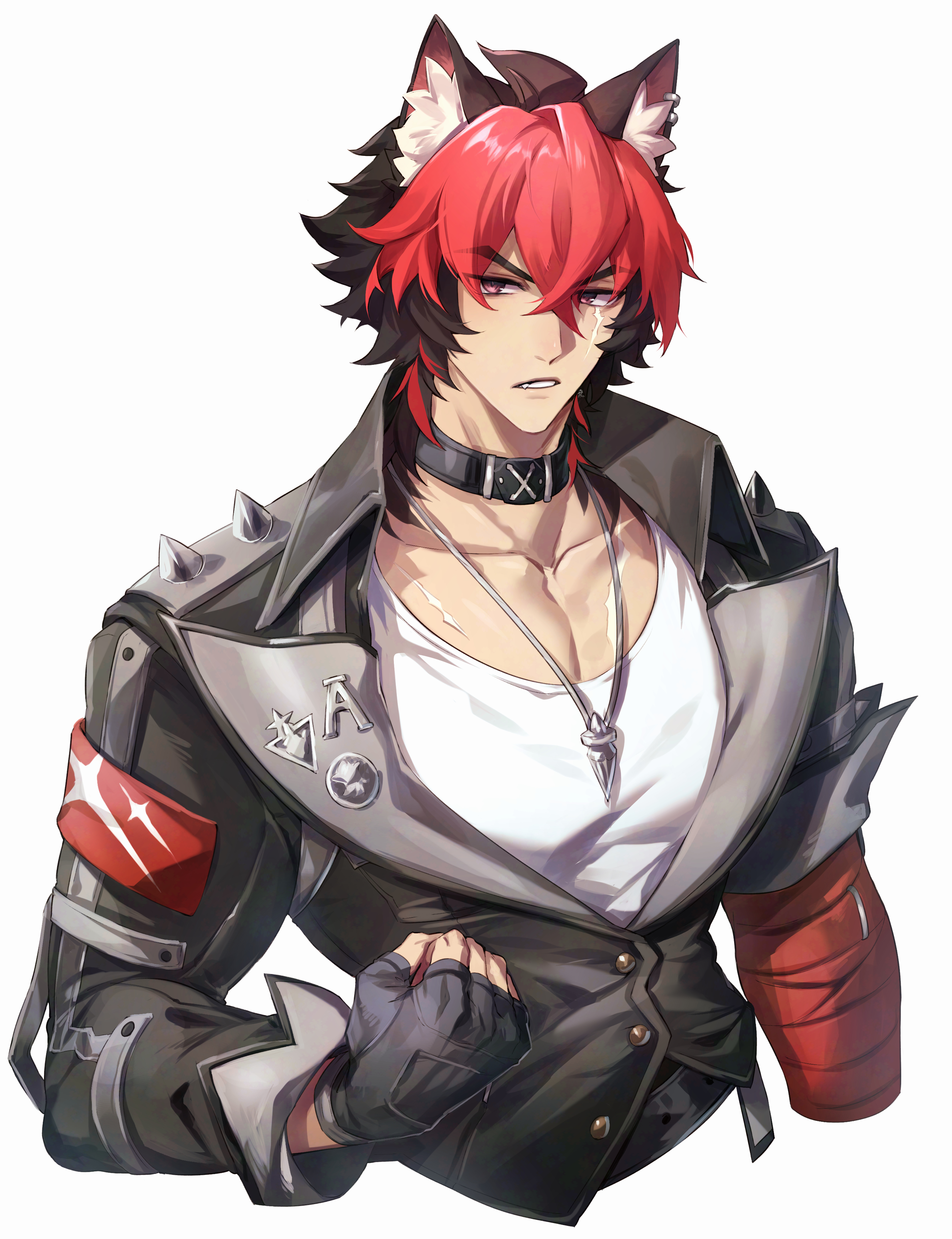 konsai 2, komano manato, zenless zone zero, absurdres, commentary request, highres, 1boy, animal ears, black choker, black gloves, black hair, black jacket, choker, collarbone, covered pectorals, cropped torso, dog boy, earrings, fingerless gloves, gloves, jacket, jewelry, male focus, multicolored hair, multiple scars, necklace, open clothes, open jacket, pectoral cleavage, pectorals, red hair, scar, scar on chest, scar on face, shirt, short hair, simple background, solo, spiked jacket, upper body, white background, white shirt