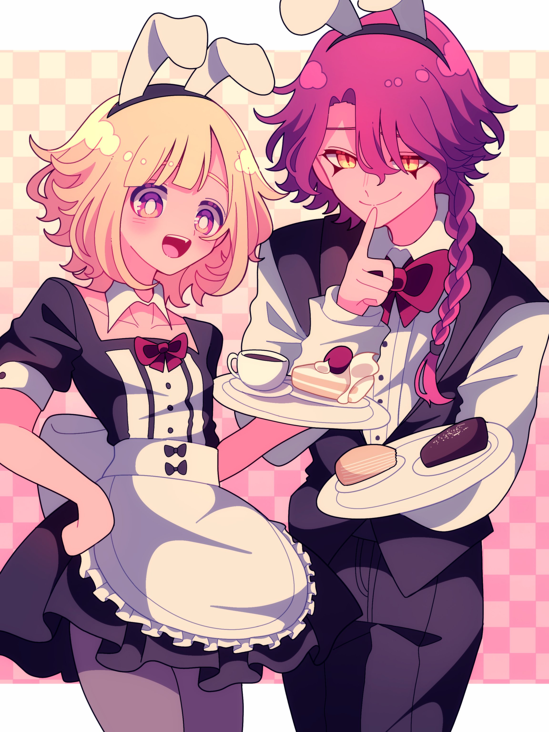 ohamihaeru, urotsuki, yume 2kki, absurdres, commentary request, highres, 1boy, 1girl, animal ears, apron, black dress, black hairband, black pants, black vest, blonde hair, bow, bowtie, braid, cake, cake slice, checkered background, closed mouth, collar, collarbone, cup, detached collar, dress, fake animal ears, fang, finger to mouth, food, frilled apron, frills, gradient background, grey pantyhose, hairband, hand on own hip, holding, holding tray, long hair, looking at viewer, open mouth, orange eyes, pants, pantyhose, pink background, purple hair, rabbit ears, red bow, red bowtie, shirt, short hair, smile, teacup, tray, two-tone background, vest, waiter, waitress, white apron, white collar, white shirt, wintry attendant, yellow background
