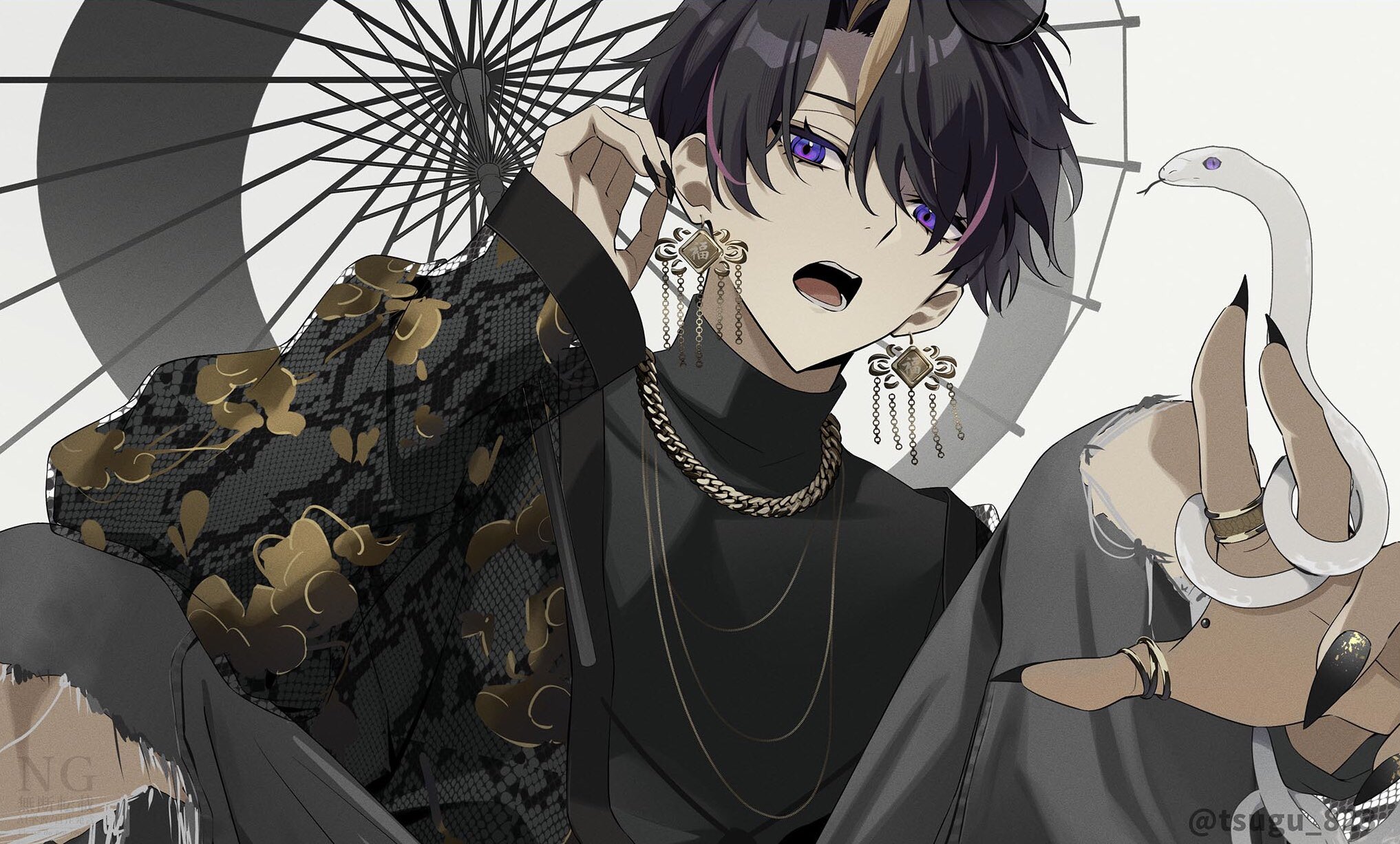 tsugu (tsugu 823), shu yamino, shu yamino (3rd costume), nijisanji, nijisanji en, highres, black hair, black nails, black shirt, earrings, fingernails, from below, hair between eyes, jacket, jewelry, long sleeves, looking at viewer, male focus, multicolored hair, oil-paper umbrella, open clothes, open jacket, open mouth, pants, parted bangs, purple eyes, sharp fingernails, shirt, short hair, simple background, snake, solo, streaked hair, torn clothes, torn pants, tucking hair, turtleneck, umbrella, virtual youtuber, white background, white snake