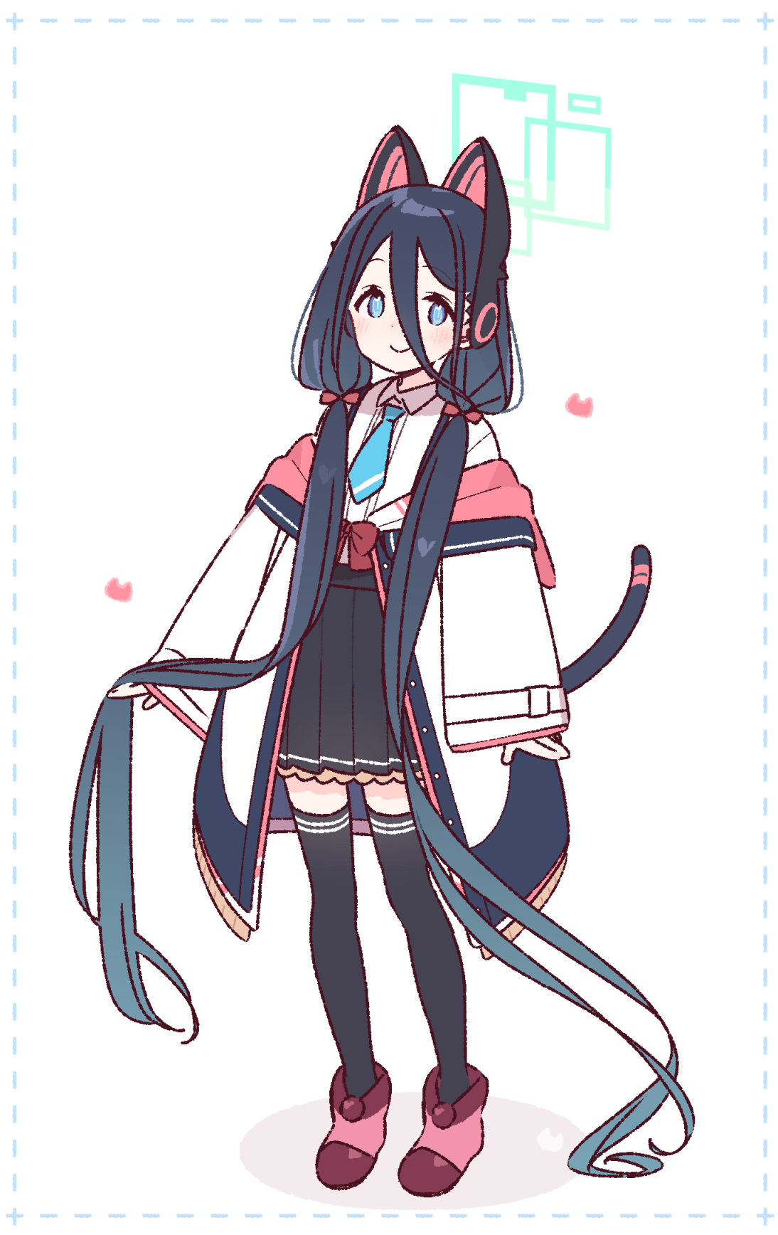 yoru nai, aris (blue archive), momoi (blue archive), blue archive, commentary request, highres, 1girl, animal ear headphones, animal ears, black hair, black skirt, black thighhighs, blue eyes, blue necktie, blush, cat ear headphones, closed mouth, collared shirt, cosplay, double-parted bangs, fake animal ears, full body, green halo, hair between eyes, halo, headphones, jacket, long hair, long hair between eyes, long sleeves, looking at viewer, low twintails, momoi (blue archive) (cosplay), necktie, off shoulder, open clothes, open jacket, pleated skirt, rectangular halo, red shoes, shirt, shoes, skirt, smile, solo, standing, thighhighs, twintails, very long hair, white background, white jacket, white shirt, zettai ryouiki