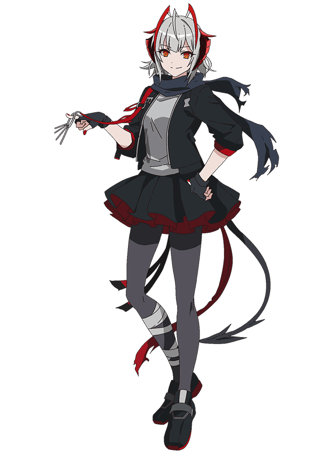 takafuji aya, w (arknights), arknights, official art, 1girl, anime coloring, antenna hair, bandaged leg, bandages, black gloves, black jacket, black shoes, black skirt, blue scarf, bob cut, breasts, closed mouth, demon horns, fingerless gloves, full body, gloves, grey hair, grey pantyhose, grey shirt, hand on own hip, hand up, holding, holding key, horns, index finger raised, jacket, key, keyring, large breasts, looking at viewer, multicolored hair, open clothes, open jacket, pantyhose, pleated skirt, red eyes, red hair, red horns, red sash, sash, scarf, shirt, shoes, short hair, simple background, skirt, smile, sneakers, solo, standing, tachi-e, tail, tented shirt, torn clothes, torn scarf, transparent background
