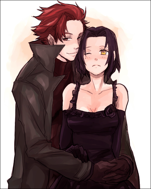 sudachips, chane laforet, claire stanfield, baccano!, bad id, bad pixiv id, 00s, 1boy, 1girl, black hair, brown eyes, couple, elbow gloves, gloves, hetero, hug, one eye closed, red hair, short hair, wink, yellow eyes