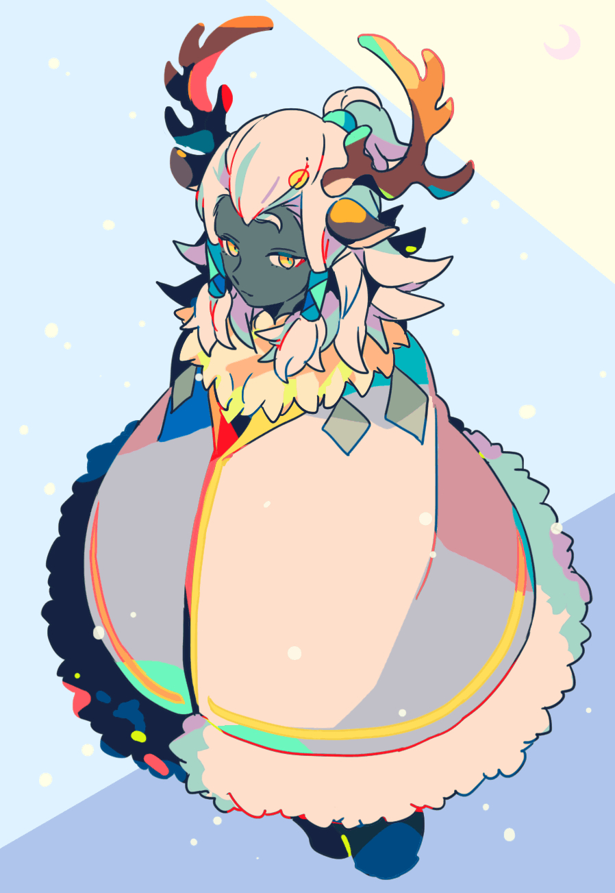 mizuki tsukimori, sky: children of the light, commentary request, highres, 1girl, animal ears, antlers, closed mouth, coat, colored skin, full body, fur-trimmed coat, fur trim, grey skin, hair tubes, horns, ponytail, sidelocks, solo, white background, white coat, white hair, yellow eyes