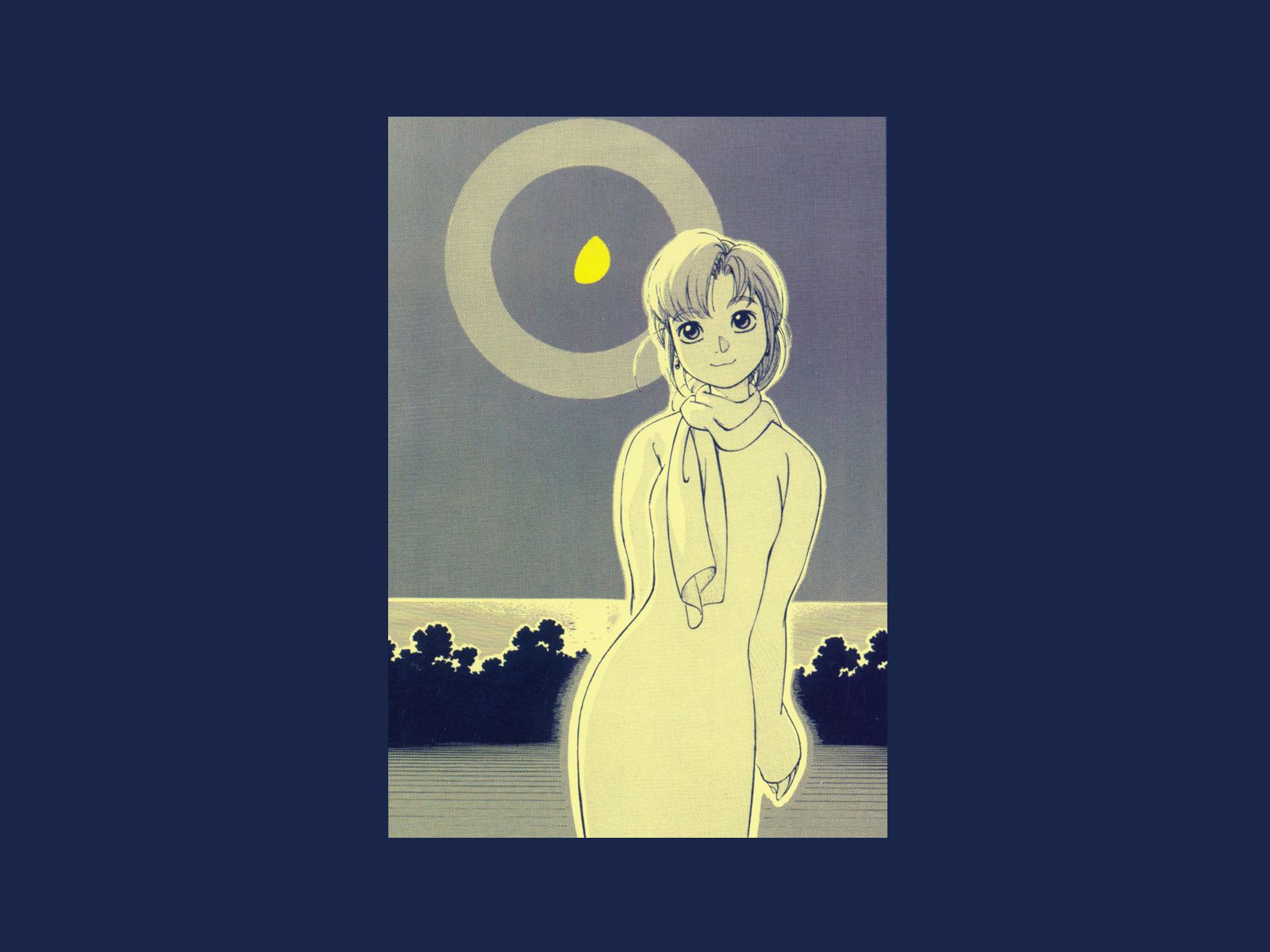 ashinano hitoshi, hatsuseno alpha, yokohama kaidashi kikou, highres, 1girl, female focus, monochrome, moon, outdoors, scarf, sky, smile, solo