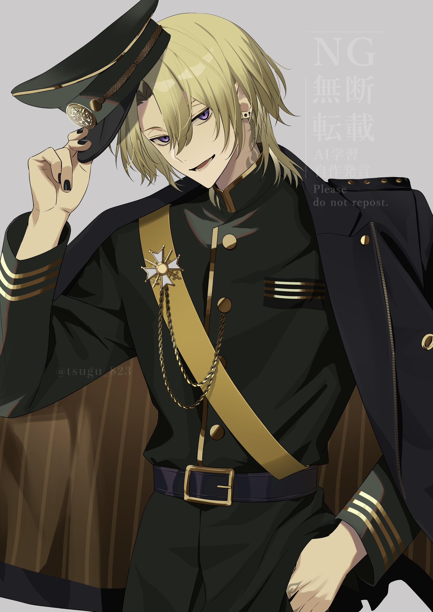 tsugu (tsugu 823), luca kaneshiro, nijisanji, nijisanji en, highres, 1boy, alternate costume, black coat, black hat, black nails, black shirt, blonde hair, brooch, coat, coat on shoulders, cowboy shot, grey background, hair between eyes, hand in pocket, hat, head tilt, high collar, holding, holding unworn clothes, holding unworn hat, jewelry, looking at viewer, male focus, medium hair, open clothes, open coat, open mouth, peaked cap, purple eyes, sash, shirt, shirt tucked in, simple background, smile, solo, unworn hat, unworn headwear, virtual youtuber, yellow sash
