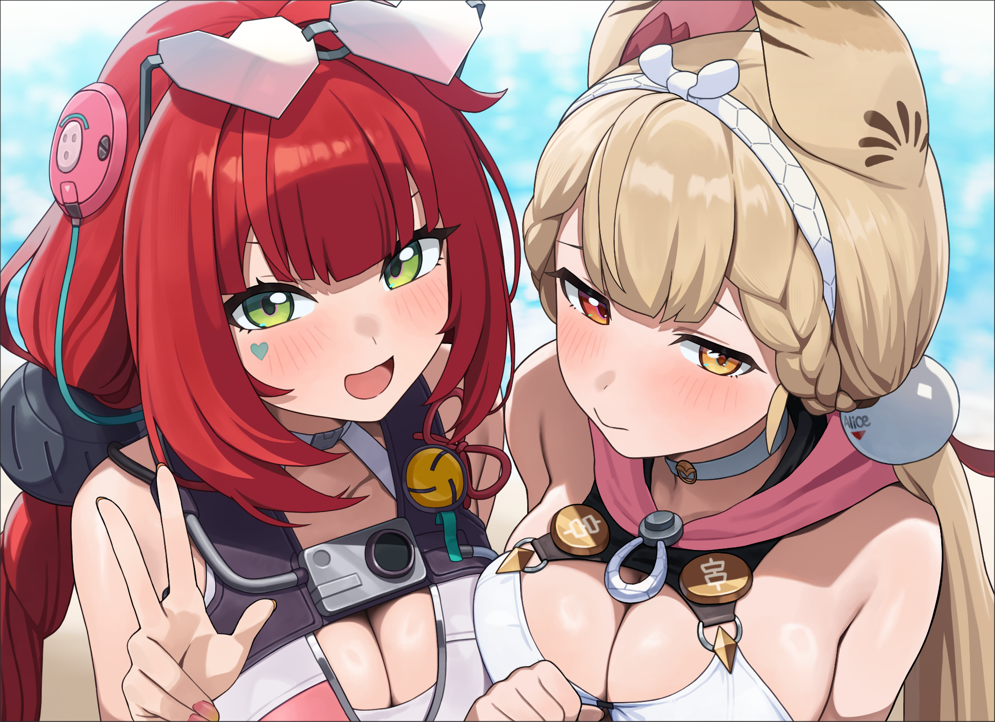 motono (sakamotono), alice thymefield, alice thymefield (sea of thyme), ukinami yuzuha, ukinami yuzuha (tanuki in broad daylight), zenless zone zero, highres, 2girls, animal ears, bare shoulders, blonde hair, blush, braid, breasts, chest harness, choker, cleavage, dress swimsuit, eyewear on head, green eyes, hair ornament, hairband, harness, heart, heart-shaped eyewear, heterochromia, large breasts, long hair, looking at viewer, low twin braids, low twintails, multiple girls, one-piece swimsuit, open mouth, orange eyes, pink one-piece swimsuit, rabbit ears, rabbit girl, red hair, smile, sphere hair ornament, sunglasses, swimsuit, twin braids, twintails, two-tone one-piece swimsuit, white one-piece swimsuit, yellow eyes
