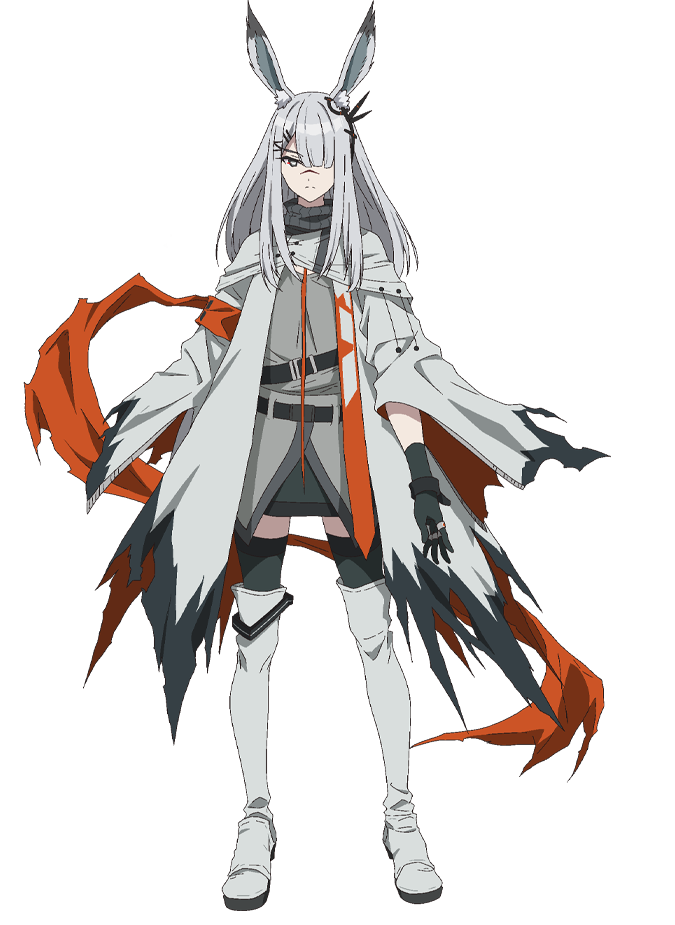 takafuji aya, frostnova (arknights), arknights, official art, 1girl, animal ears, anime coloring, armband, belt, black skirt, black thighhighs, boots, cape, closed mouth, coat, full body, gloves, grey belt, grey eyes, grey gloves, grey hair, grey jacket, grey scarf, hair ornament, hair over one eye, hairclip, jacket, jewelry, long hair, looking at viewer, open clothes, open coat, open hand, orange armband, pencil skirt, rabbit ears, rabbit girl, ring, scar, scar on face, scar on nose, scarf, simple background, skirt, solo, standing, striped clothes, striped scarf, tachi-e, thigh boots, thighhighs, thighs, torn clothes, torn coat, torn sleeves, transparent background, tsurime, v-shaped eyebrows, white boots, white cape, white coat, white hair