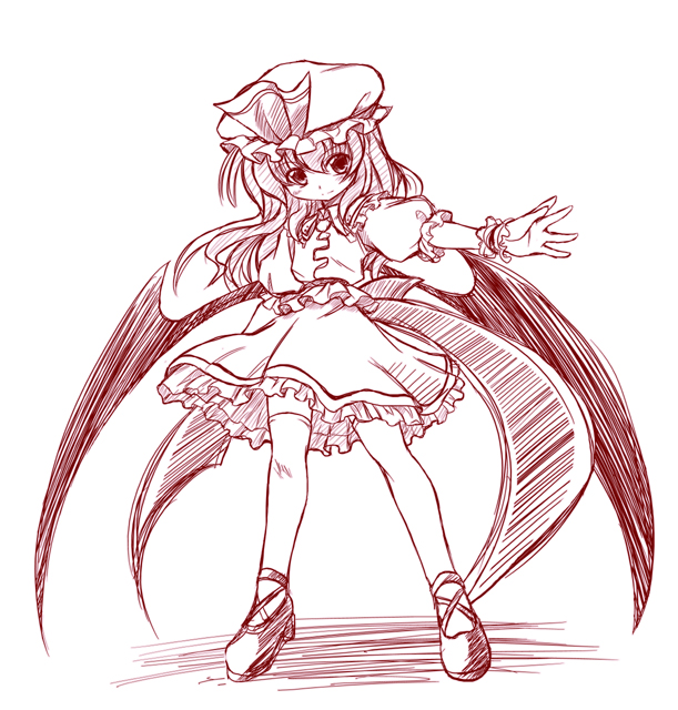 yume keikaku, yumeya honpo, remilia scarlet, touhou, 1girl, bat wings, female focus, hat, monochrome, pink theme, solo, thighhighs, wings